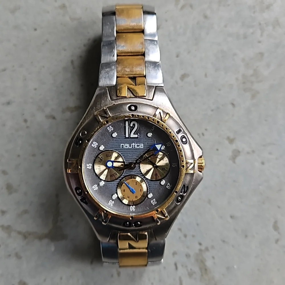 Vintage Nautica silver & gold watch men's